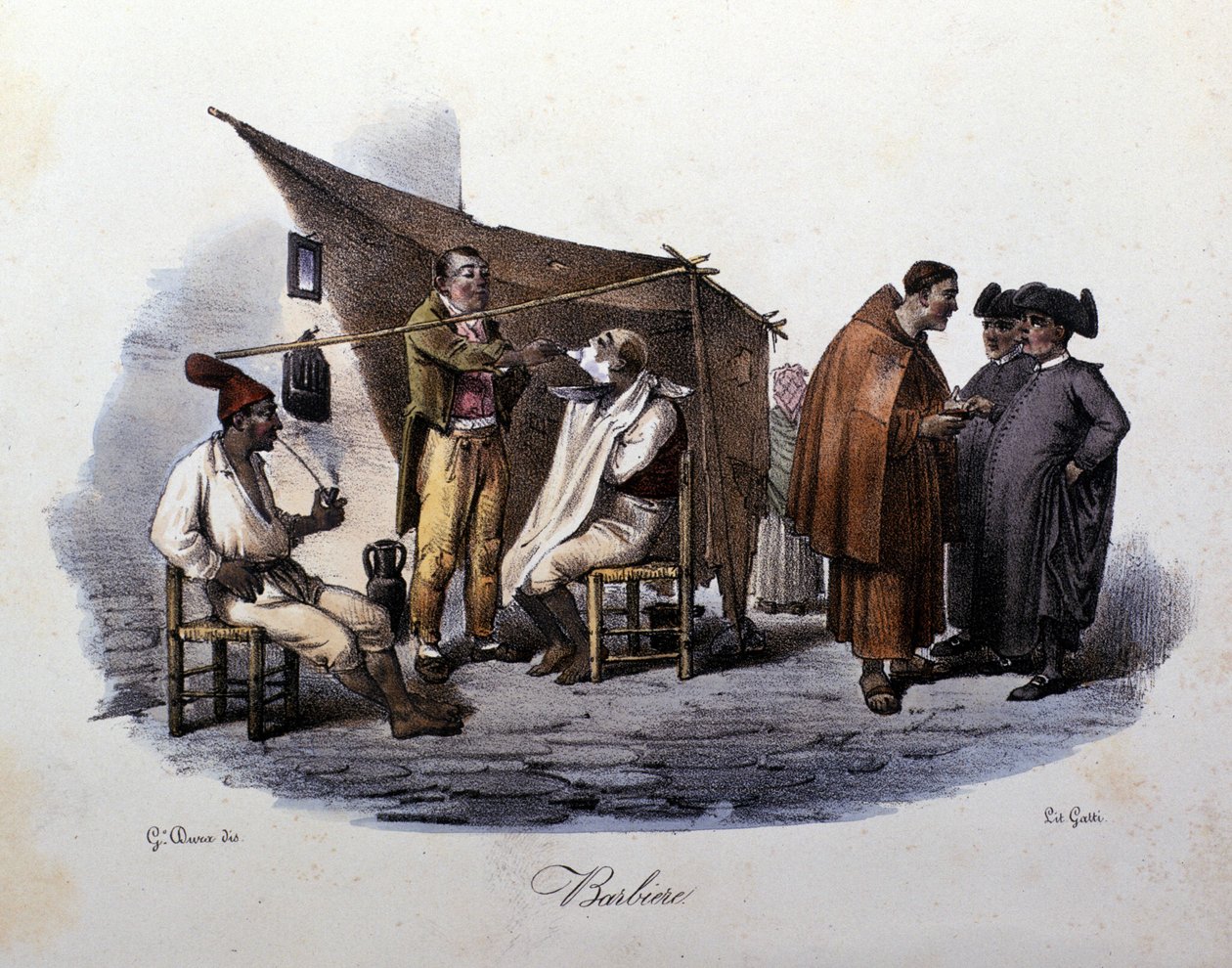 O pequeno metier da cidade de Nápoles: um barbeiro ambulante e conversando na rua. Litografia de G. Dura de Gaetano Dura