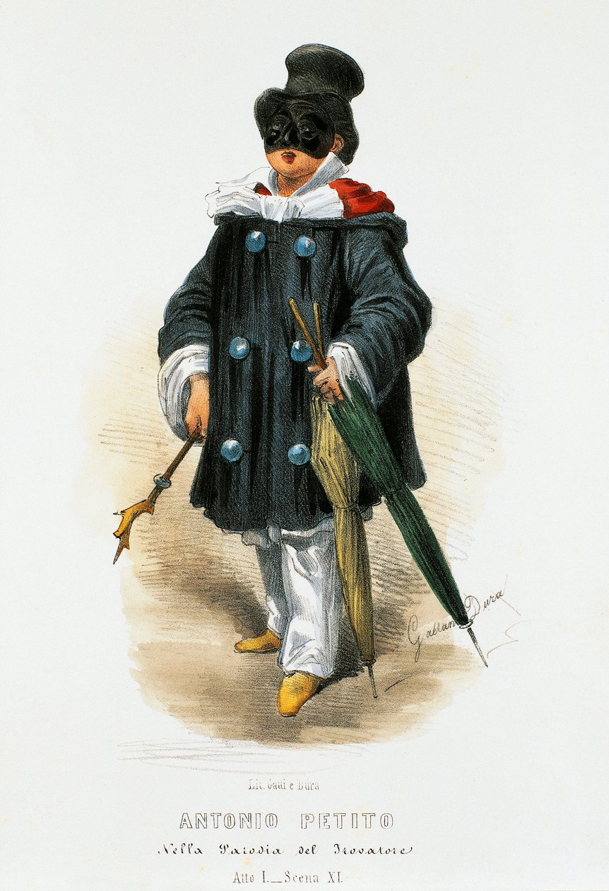 O ator Antonio Petito (1822-1876) em traje de palco na paródia O Trovador, litografia de Gaetano Dura (1805-1874) de Gaetano Dura