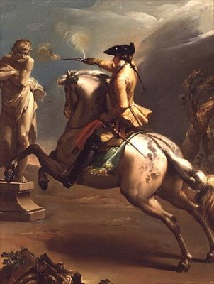 Uma alegoria: Um jovem cavaleiro a disparar uma pistola contra uma estátua de um homem velho de Gaetano Gandolfi