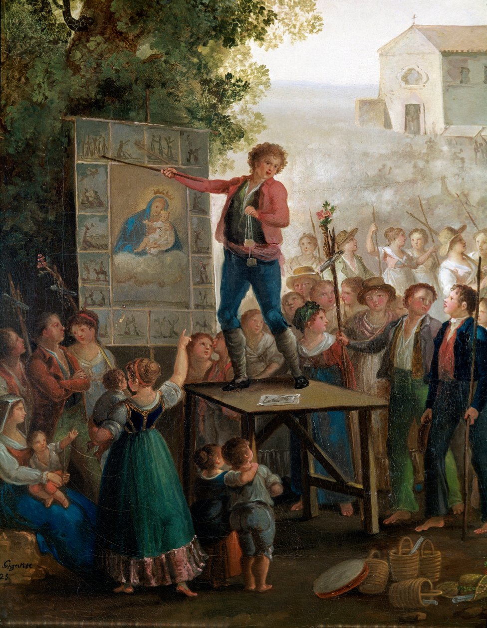 Um artista de rua cantando os milagres da Virgem na festa da Madonna dell