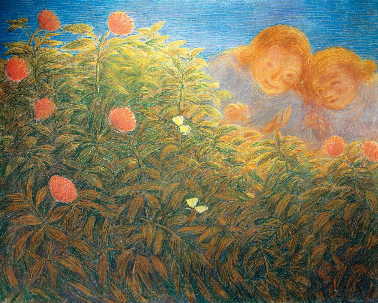 Flores e borboletas, de Gaetano Previati (1852-1920), óleo sobre tela de Gaetano Previati
