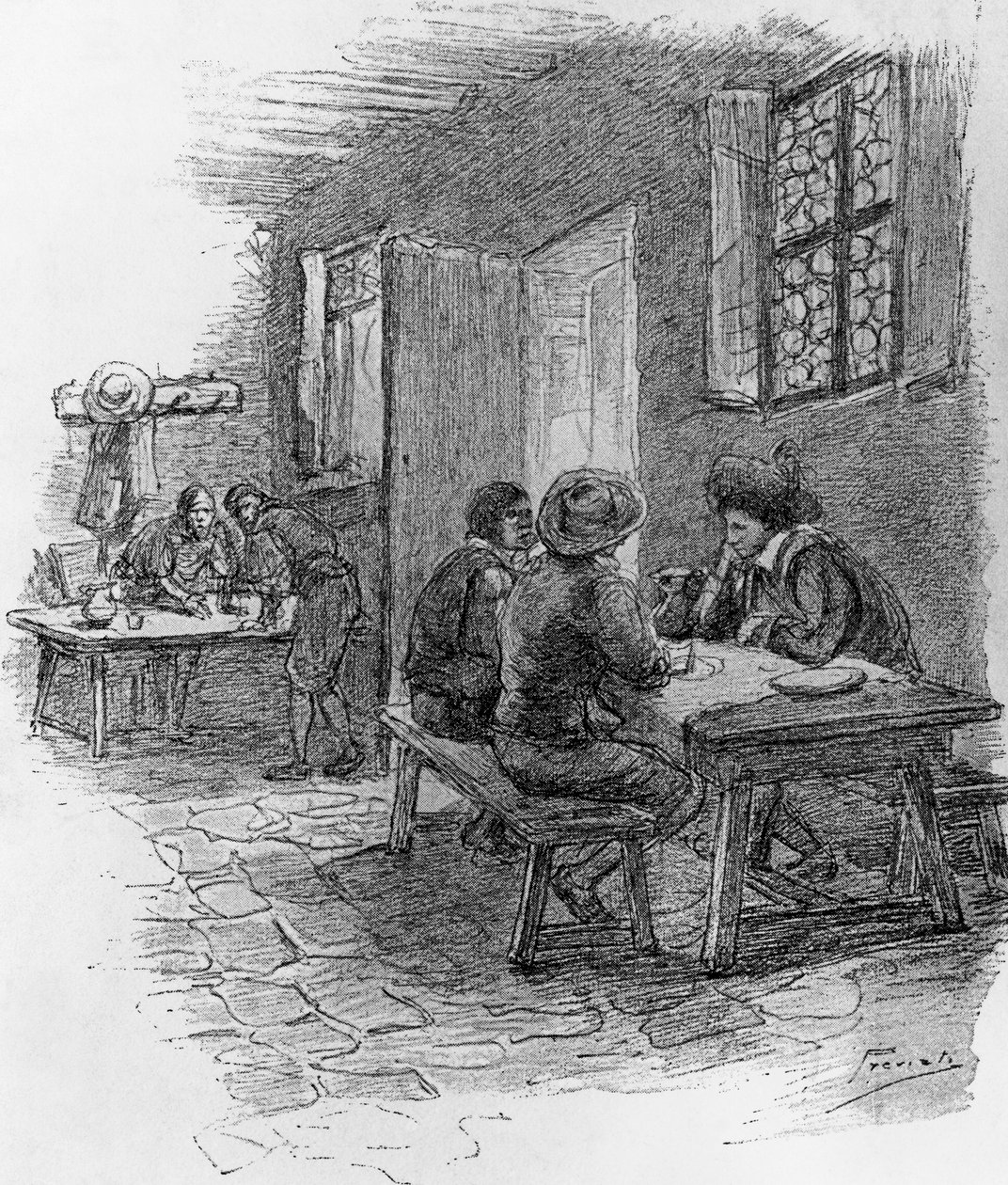 Renzo, Tonio e Gervase na pousada, capítulo VII, ilustração de Gaetano Previati (1852-1920) para Betrothed, romance histórico de Alessandro Manzoni (1785-1873) de Gaetano Previati