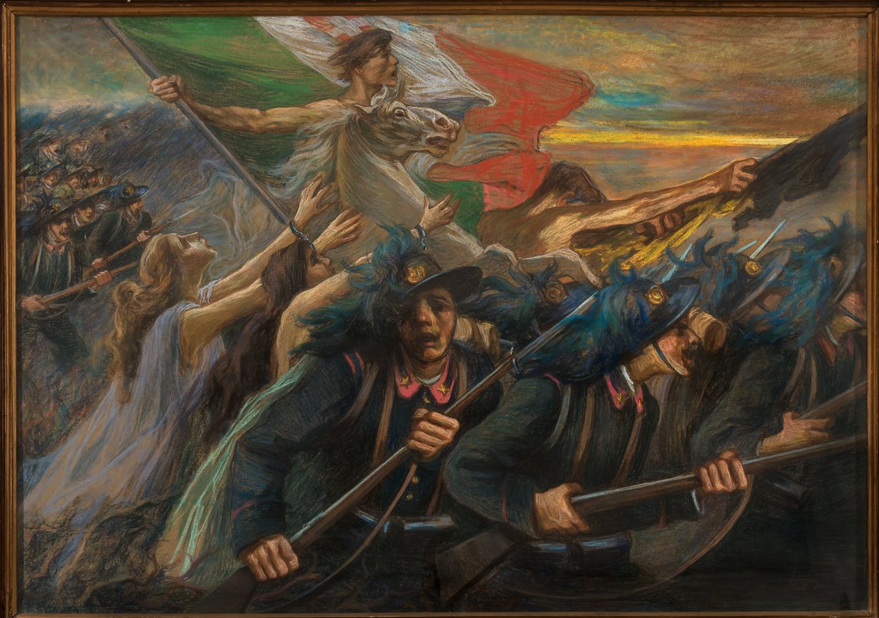 Trento e Trieste, The Charge of the Bersaglieri (fuzileiros) (óleo sobre tela) de Gaetano Previati