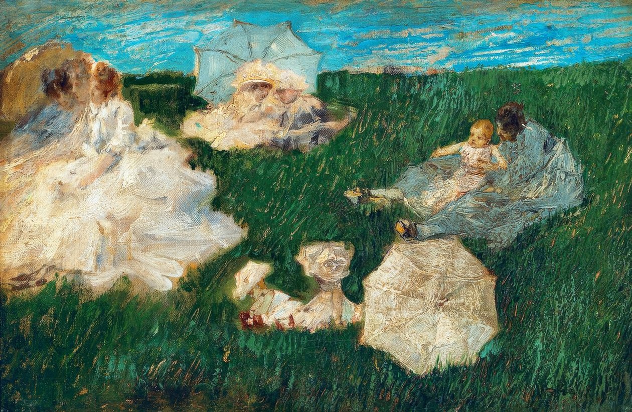 Mulher com filhos no jardim, 1896, de Gaetano Previati