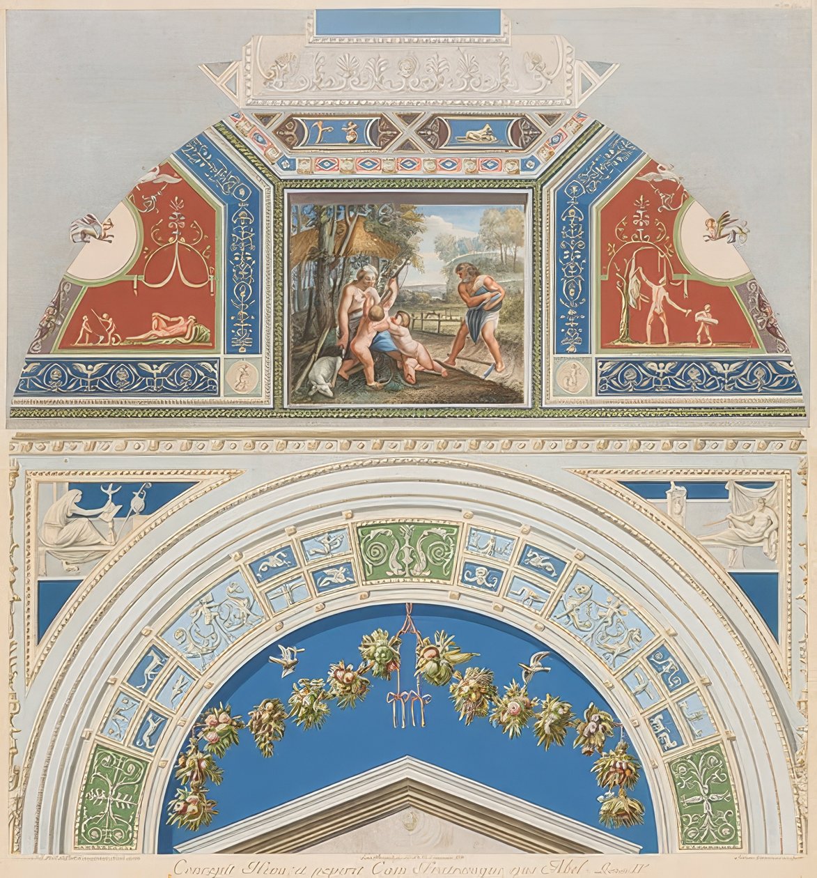 Moldura e campo abobadado com Adão e Eva no trabalho. 1774 de Gaetano Savorelli