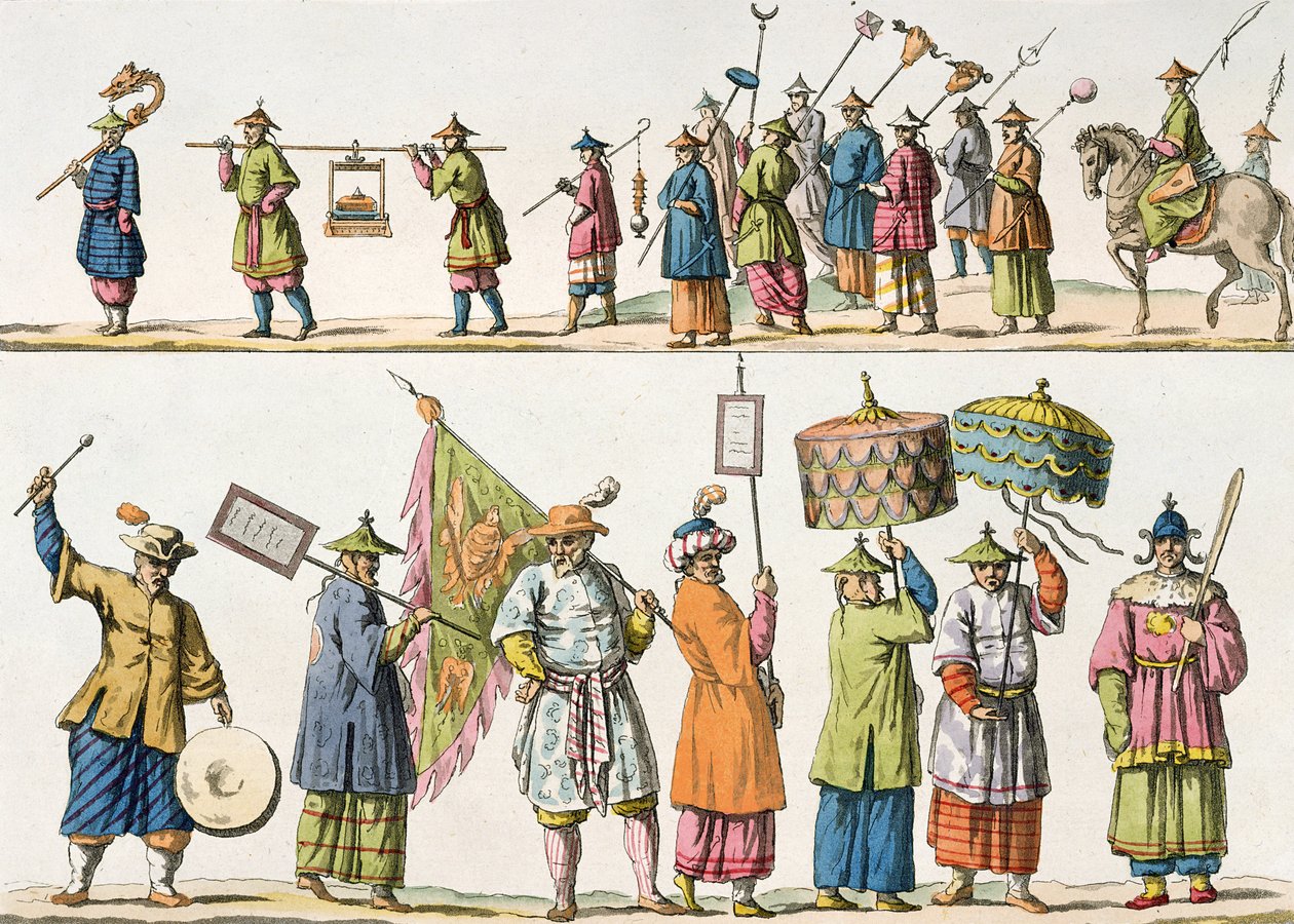 Principais assistentes da procissão do Imperador Chinês, ilustração de &39;Le Costume Ancien et Moderne&39;, de Giulio Ferrario, publicada em 1820s-30s de Gaetano Zancon