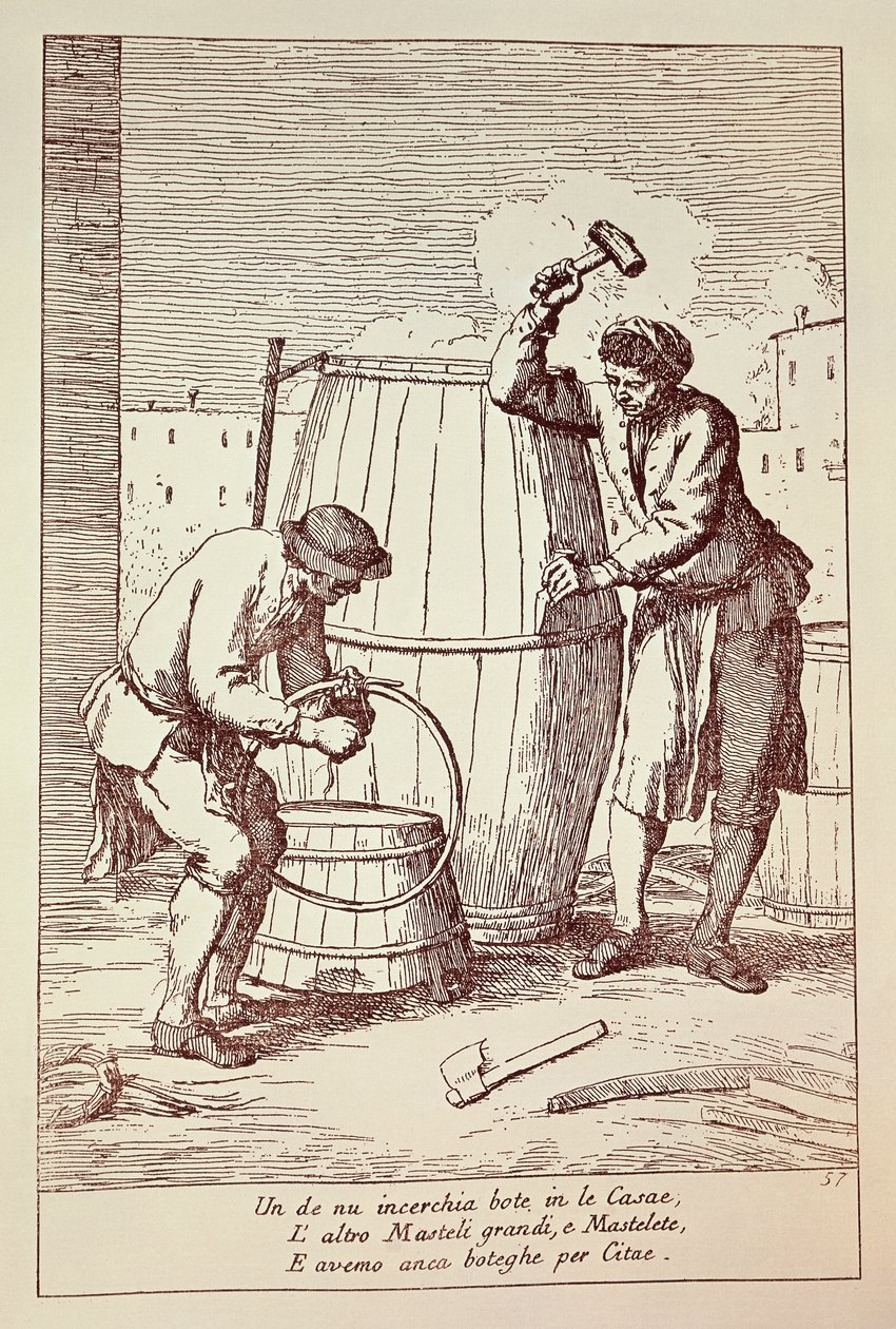 Coopers no trabalho, gravura de Gaetano Gherardo Zompini (1700-1778) de As artes da vida cotidiana na cidade de Veneza, Itália de Gaetano Zompini