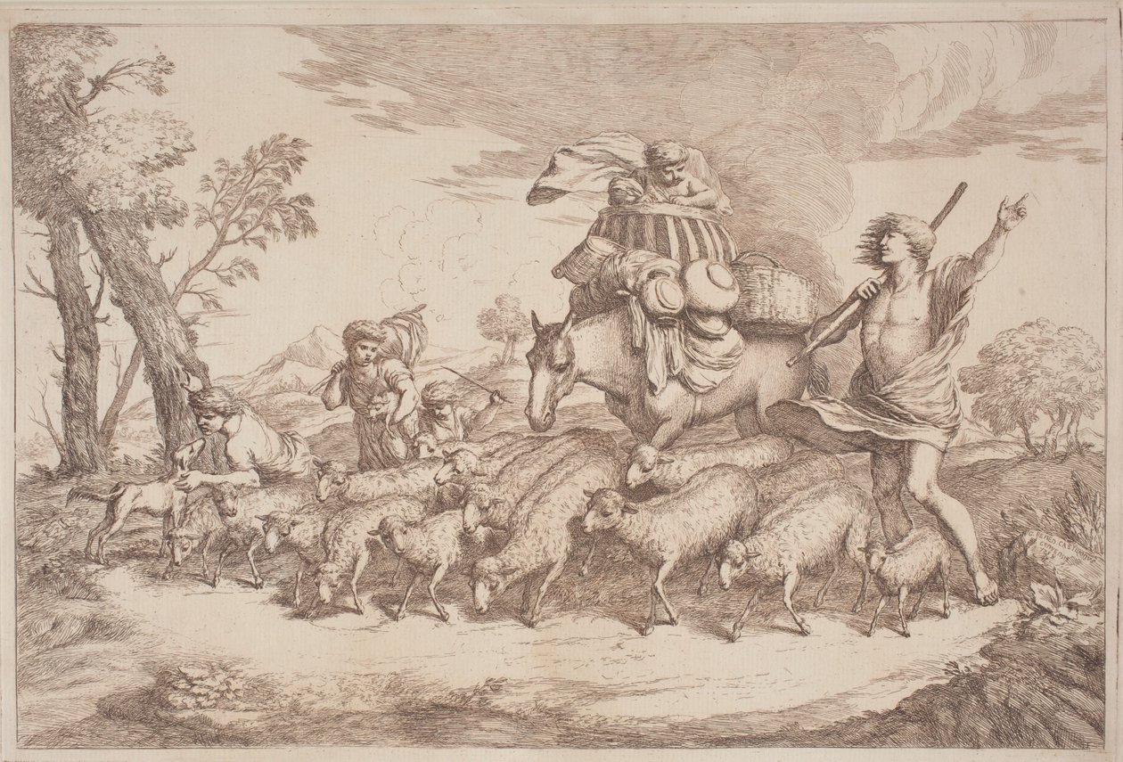 Uma viagem pastoral com uma criança em um cesto a cavalo de Gaetano Zompini, after Giovanni Benedetto Castiglione