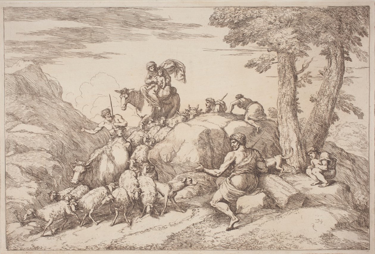 Uma viagem pastoral com mãe e filho a cavalo e um pastor idoso sentado de Gaetano Zompini, after Giovanni Benedetto Castiglione