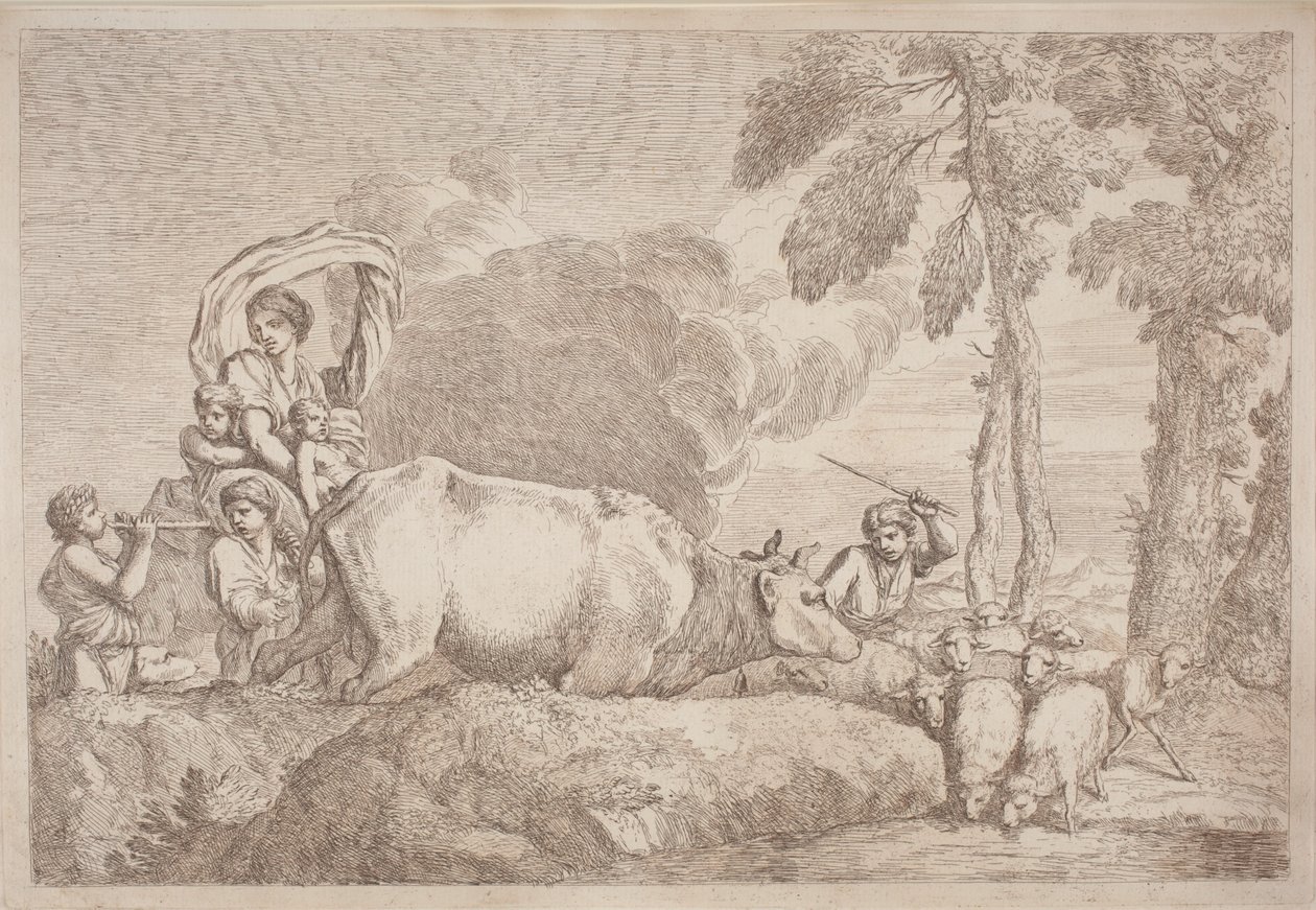 Uma mulher com dois filhos a cavalo de Gaetano Zompini, after Giovanni Benedetto Castiglione