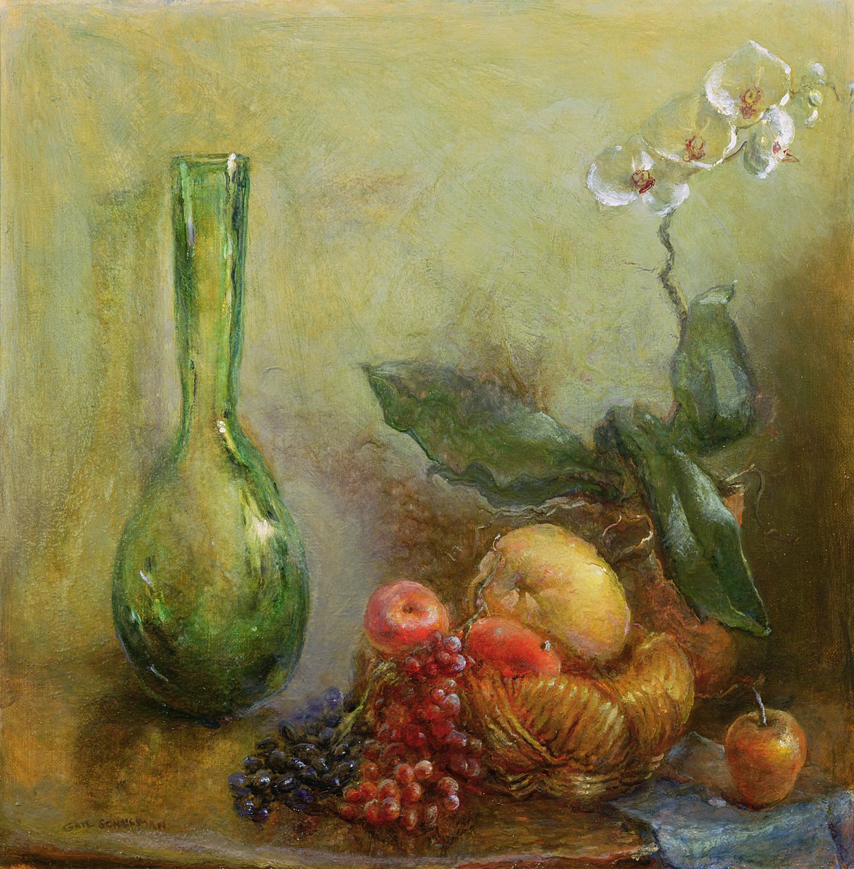 Orquídea com cesta de frutas e vaso verde de Gail Schulman