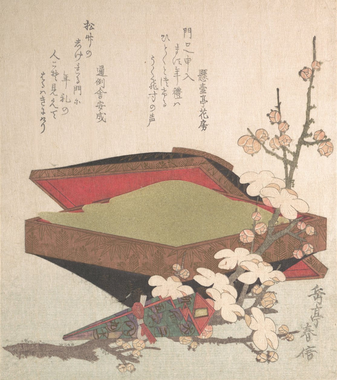 Flores de ameixa e caixa de bolo, 1819. de Gakutei