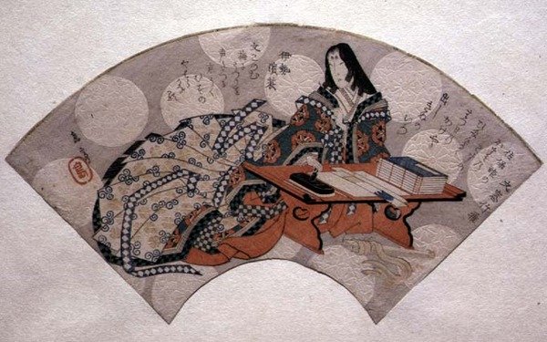 Court Lady Preparing Ink, design para um ventilador, c.1818-30 (impressão em bloco de madeira) de Gakutei Harunobu