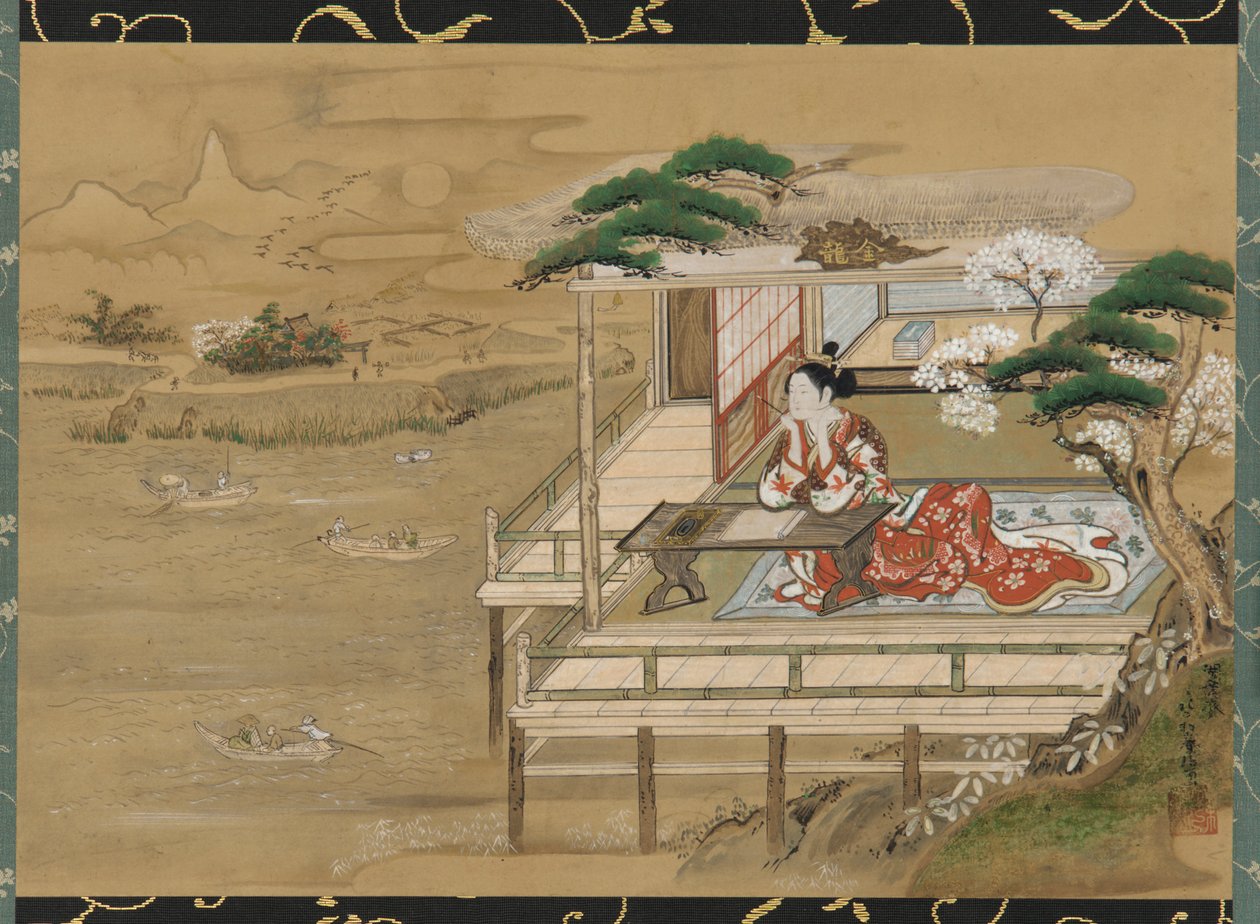 Murasaki Shikibu componente novo g te te f Genji em Ishiyamadera de Gakutei Harunobu