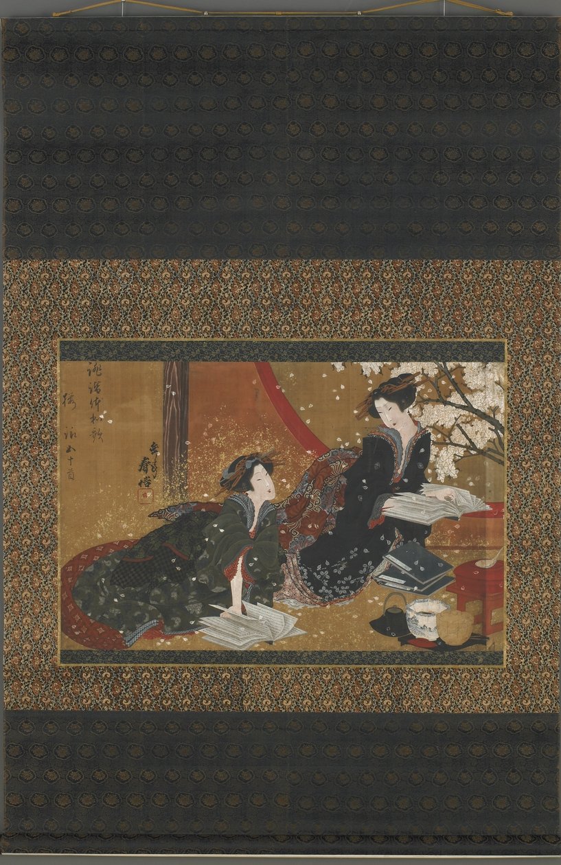 Duas gueixas lendo um livro, período Edo (cor, ouro e prata em seda) de Gakutei Harunobu
