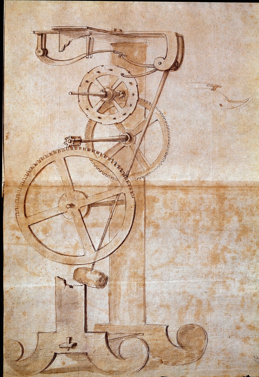 Relógio um pêndulo de pesagem estudado pelo astrônomo e físico italiano Galileo Galilei dit Galilee (1564-1642) em 1638 para medir o tempo. Desenho. Florença, Biblioteca Nacional de Galileo Galilei