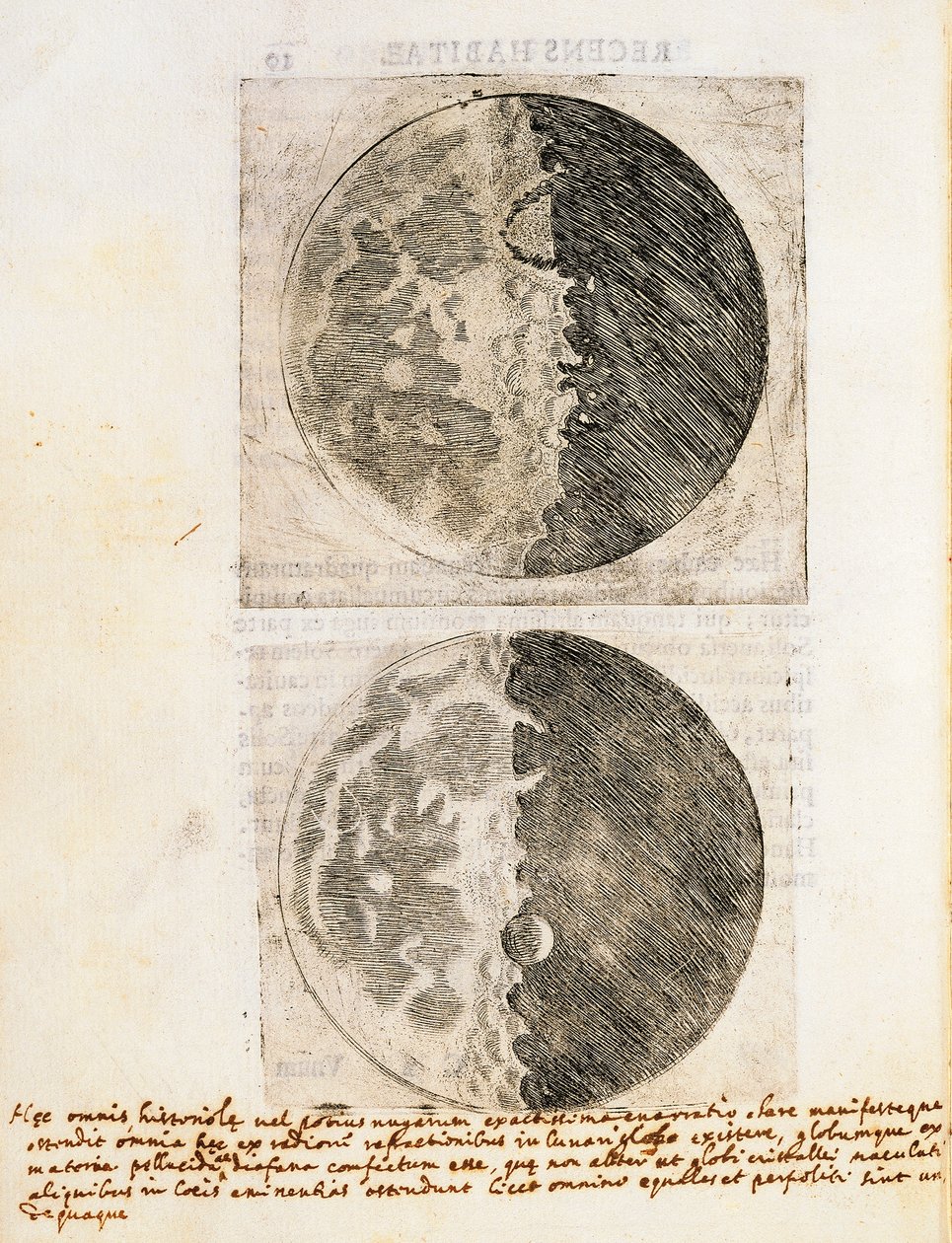Sidereus Nuncius (Starry Messenger) com desenhos das fases e da superfície da Lua de Galileo Galilei