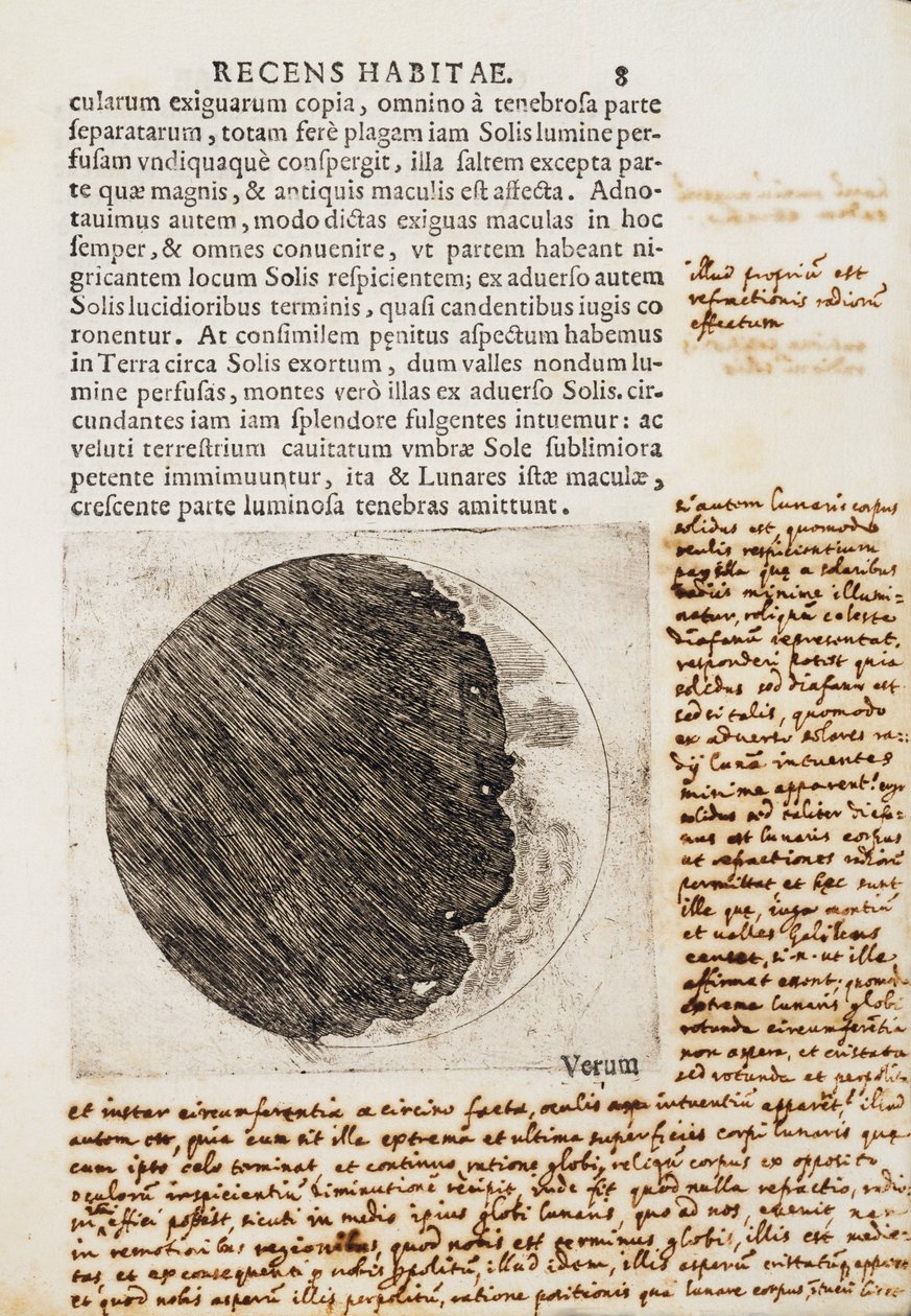 Sidereus Nuncius (Starry Messenger) com desenhos das fases e da superfície da Lua de Galileo Galilei