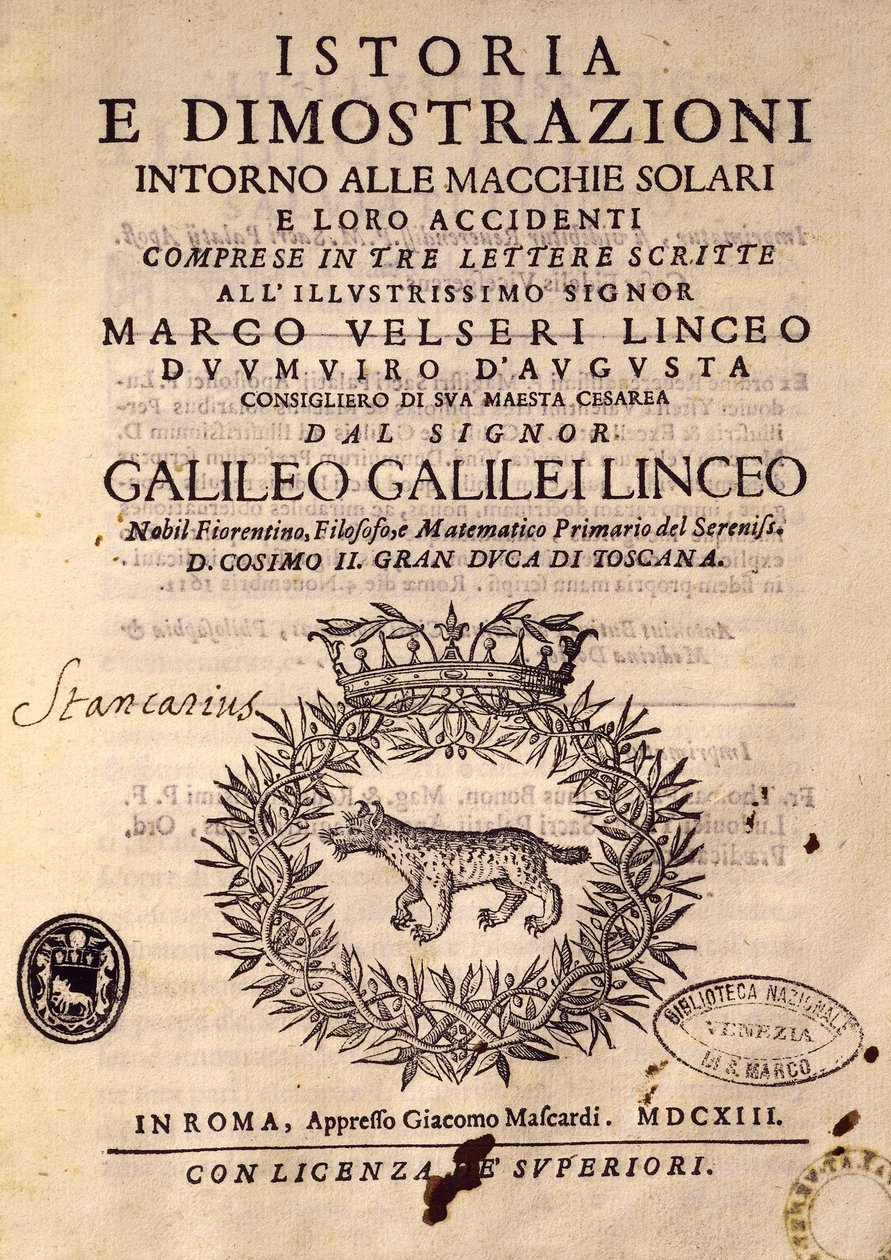 Página de título da História e demonstrações sobre manchas solares e suas propriedades de Galileo Galilei