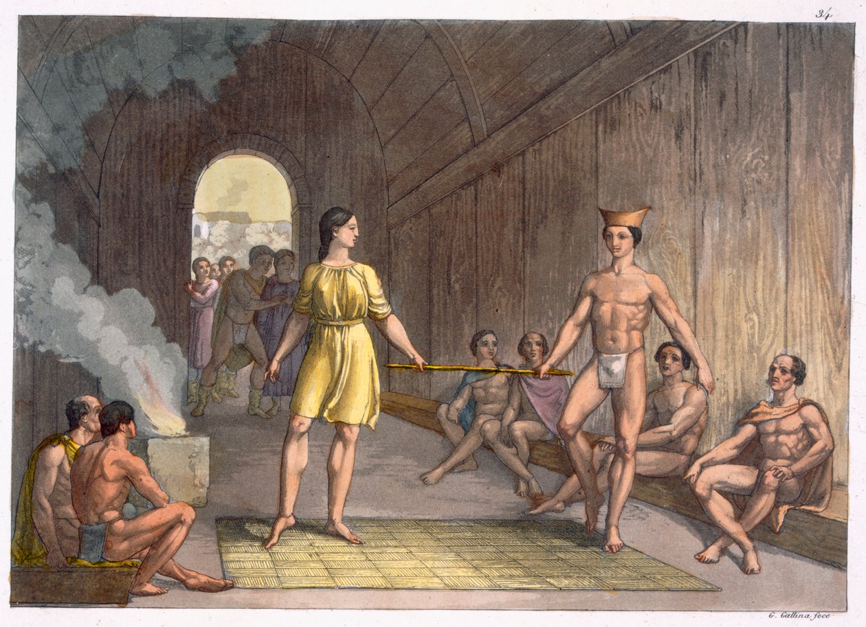 Cerimônia de casamento do índio canadense, de &39;Le Costume Ancien et Moderne&39;, Volume I, placa 34, de Jules Ferrario, publicada em c.1820s-30s de Gallo Gallina