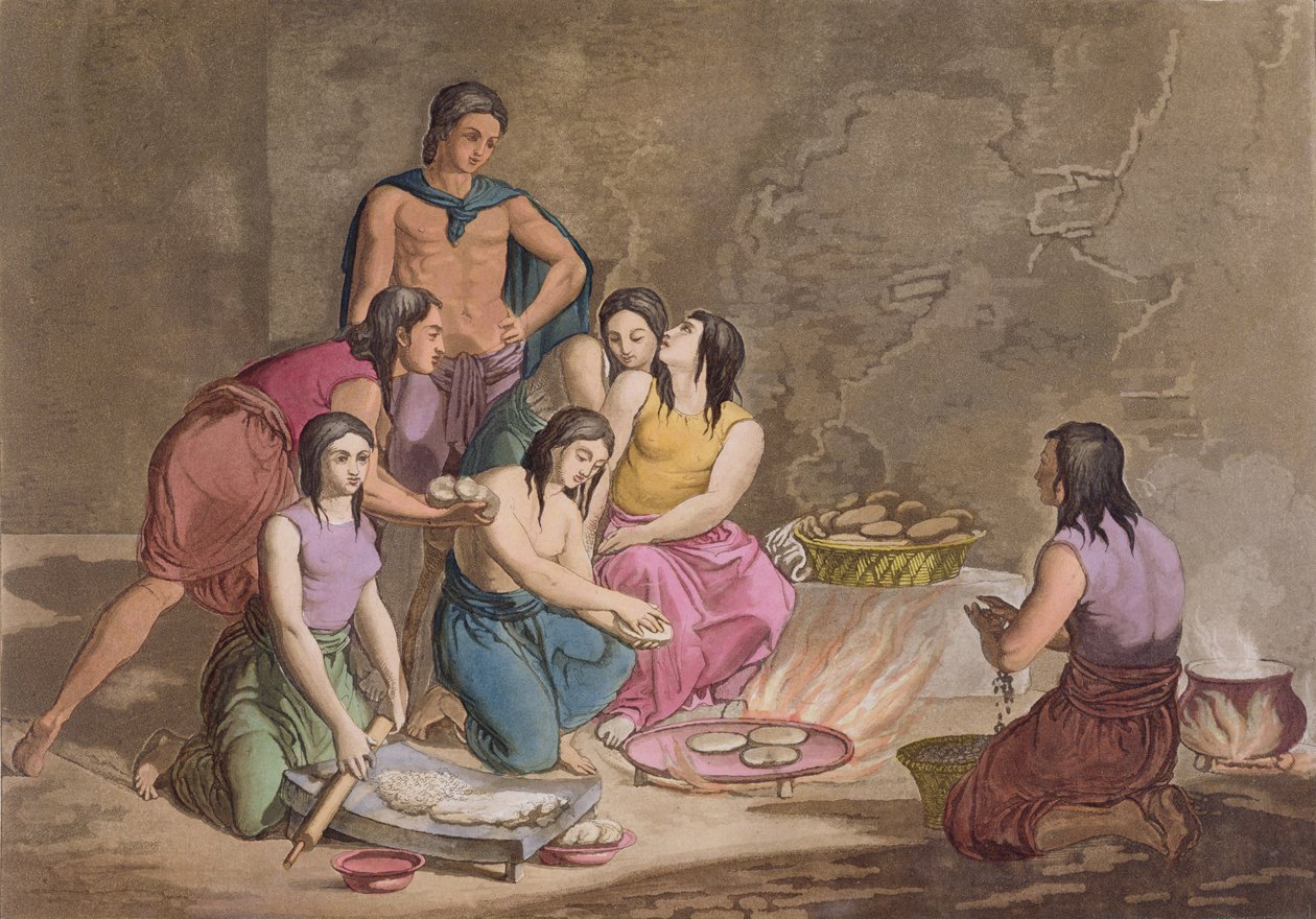 Mulheres astecas fazendo pão de milho, México, de &39;Le Costume Ancien et Moderne&39;, Volume II, placa 82, por Jules Ferrario, publicado c.1820s-30s (gravura de cor) de Gallo Gallina