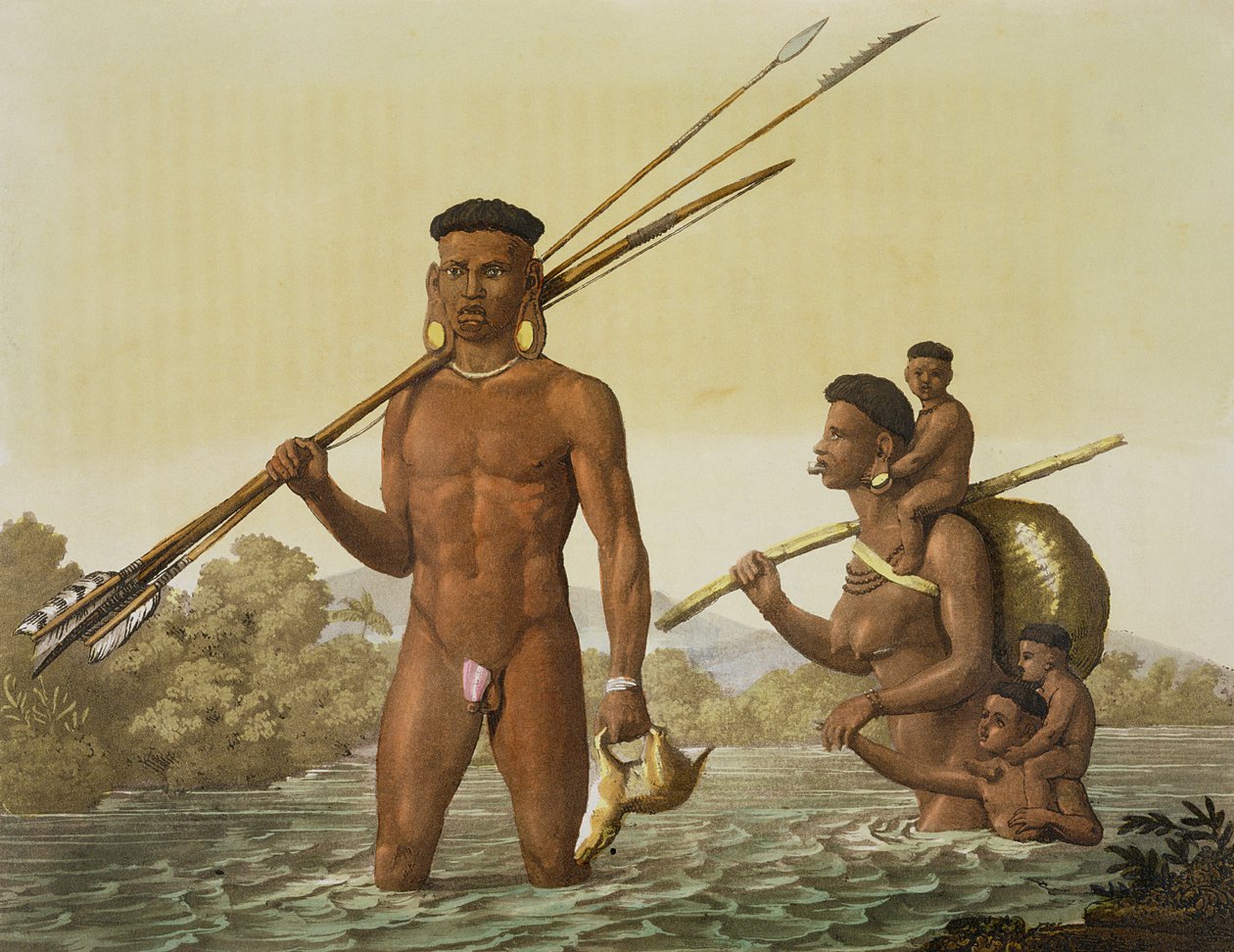 Família de Botocudos, Rio Grande, Brasil, de &39;Le Costume Ancien et Moderne&39;, Volume II, placa 37, por Jules Ferrario, publicado c.1820s-30s (ver também 84784) de Gallo Gallina