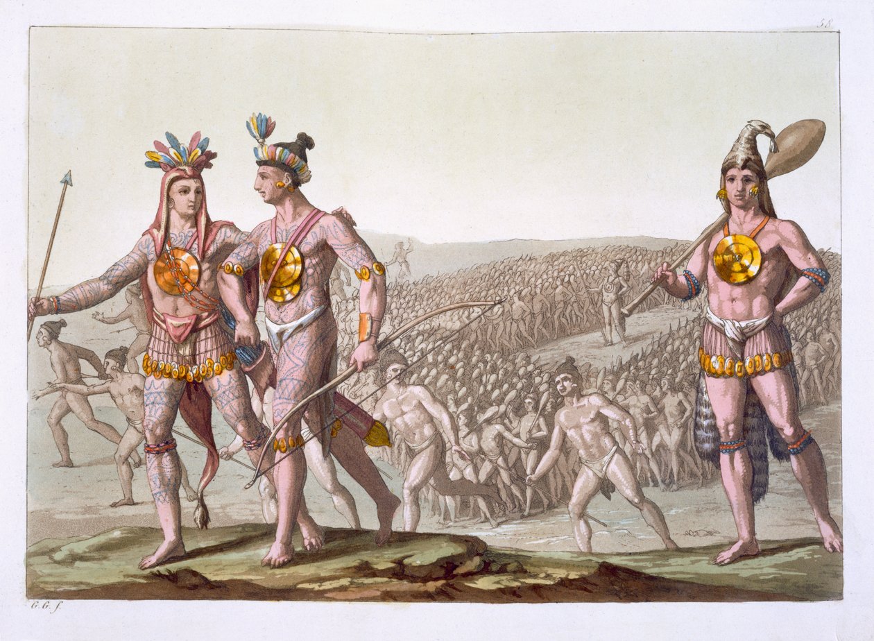 Chefe Outina, Inimigo de Saturiba, Caminha entre seus seguidores, placa 58 de &39;Le Costume Ancien et Moderne&39; por Jules Ferrario, publicado c.1820s-30s de Gallo Gallina