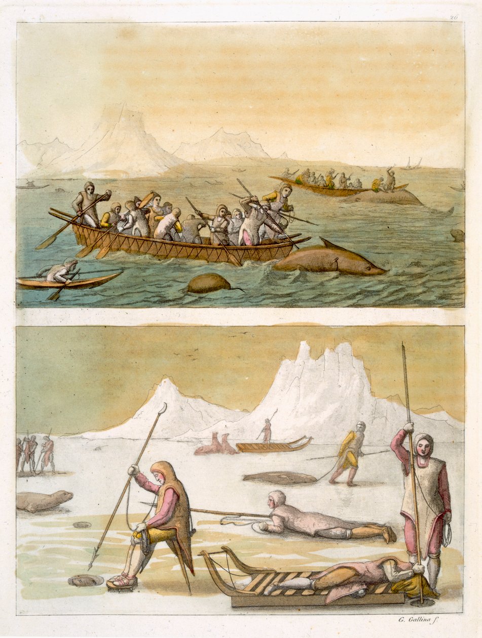 Gronelândia: Pesca de baleias e caça às focas, de &39;Le Costume Ancien et Moderne&39;, Volume I, placa 26, de Jules Ferrario, publicado em 1820s-30s (gravura a cores) (ver também 116101) de Gallo Gallina