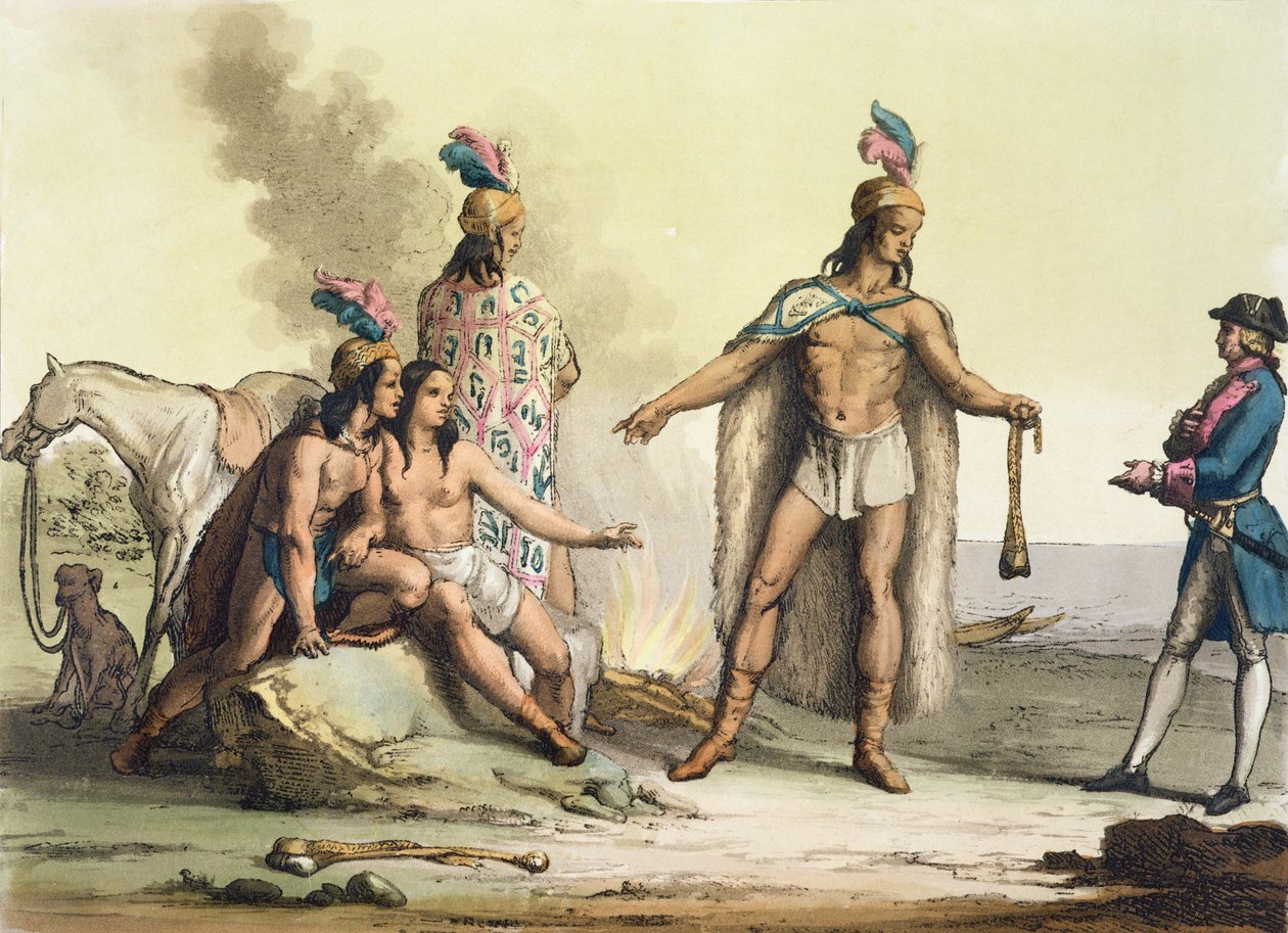 Índios da Patagônia, Chile, cumprimentando um viajante europeu, de &39;Le Costume Ancien et Moderne&39;, Volume II, prato 38, de Jules Ferrario, publicado c.1820s-30s de Gallo Gallina