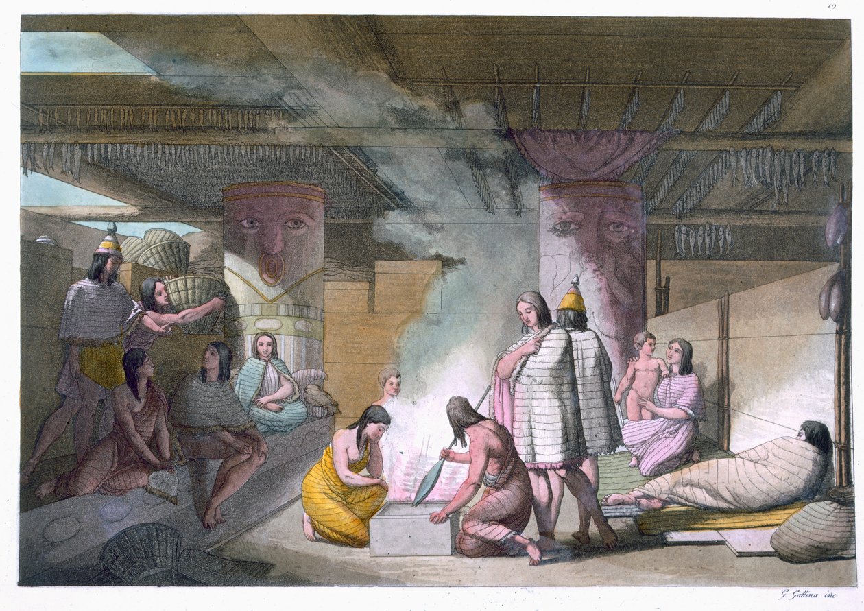 Interior da cabana de tribo Nootka, de &39;Le Costume Ancien et Moderne&39;, Volume I, prato 19, de Jules Ferrario, publicado c.1820s-30s de Gallo Gallina