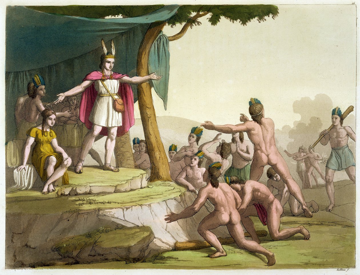 O Rei Manco Capac e a Rainha Coya Mama, em homenagem ao «Le Costume Ancien et Moderne», volume I, prato 16, de Jules Ferrario, publicado em 1820s-30s (gravura a cores) de Gallo Gallina