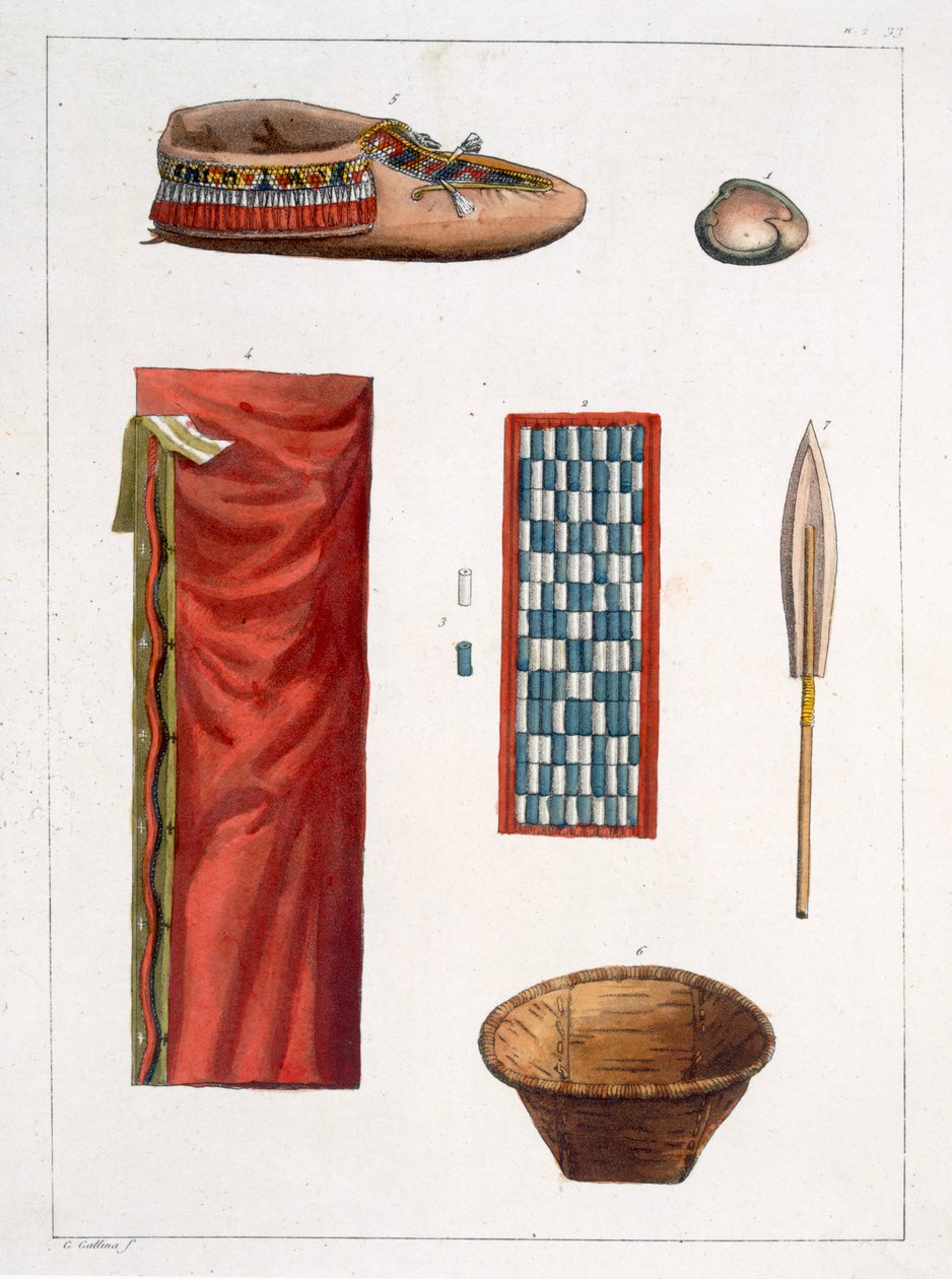 Objetos pertencentes aos índios canadenses (gravura colorida) de Gallo Gallina