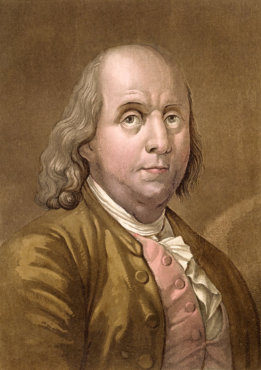 Retrato de Benjamin Franklin (1706-90), de "O traje antigo e moderno", de Jules Ferrario, c.1820 de Gallo Gallina