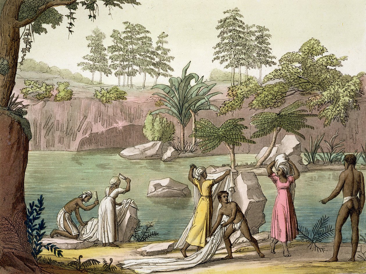 Rio perto de San Benedetto, Madagascar, placa 81 de &39;Le Costume Ancien et Moderne&39; por Jules Ferrario, publicado c.1820s-30s de Gallo Gallina