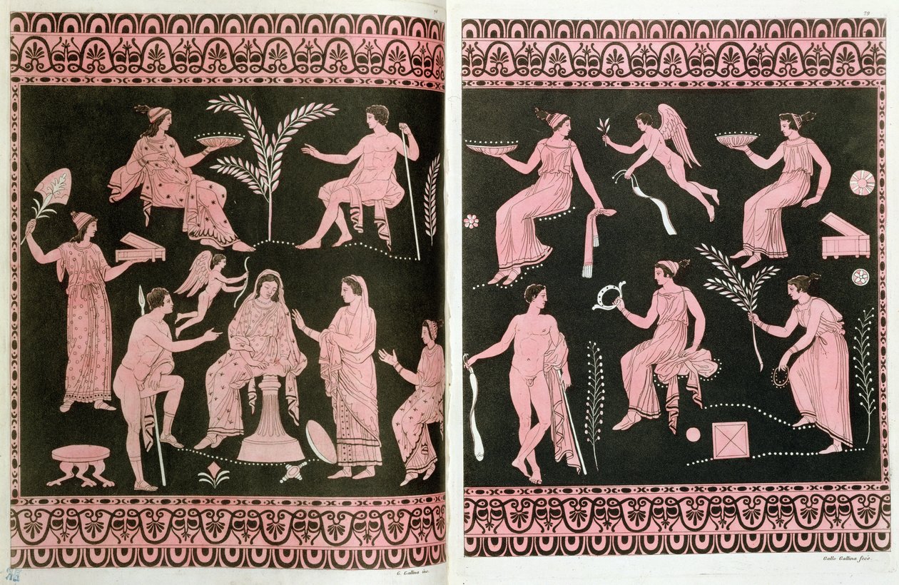 Cena de iniciação aos mistérios de Elêusis, depois dos vasos gregos Antigos, de &39;Le Costume Ancien et Moderne&39; de J. Ferrario, Milão, 1819 (gravura a cores) de Gallo Gallina