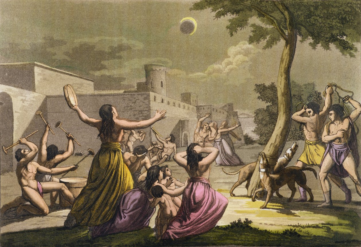Terror dos peruanos durante um eclipse da lua, de &39;Le Costume Ancien et Moderne&39;, volume I, placa 19, por Jules Ferrario, publicado c.1820s-30s (gravura a cores) de Gallo Gallina