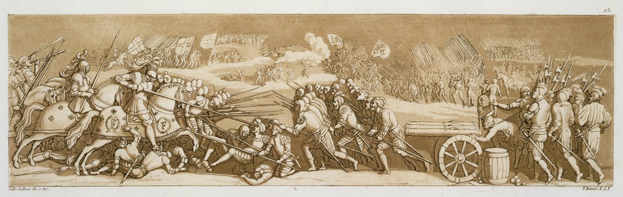 A Batalha de Melegnano, 1515, placa 15 de &39;Le Costume Ancien et Moderne&39; de Jules Ferrario, gravada por Vittorio Raineri, publicada em c.1820s-30s de Gallo Gallina