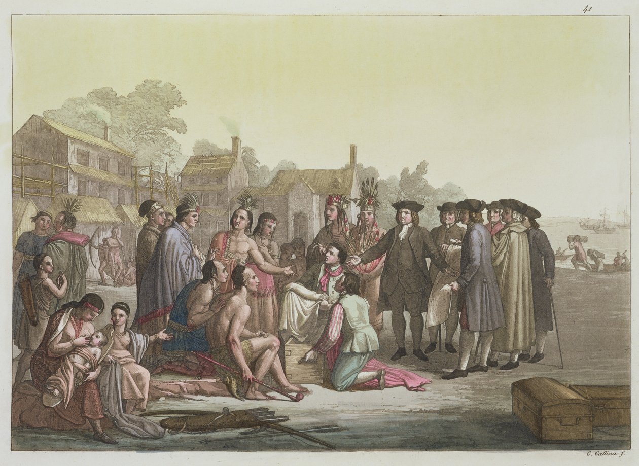 William Penn negociando o tratado que leva à fundação da Pensilvânia, de &39;Le Costume Ancien et Moderne&39;, Volume I, placa 41, de Jules Ferrario, publicado em 1820s-30s (gravura colorida) de Gallo Gallina