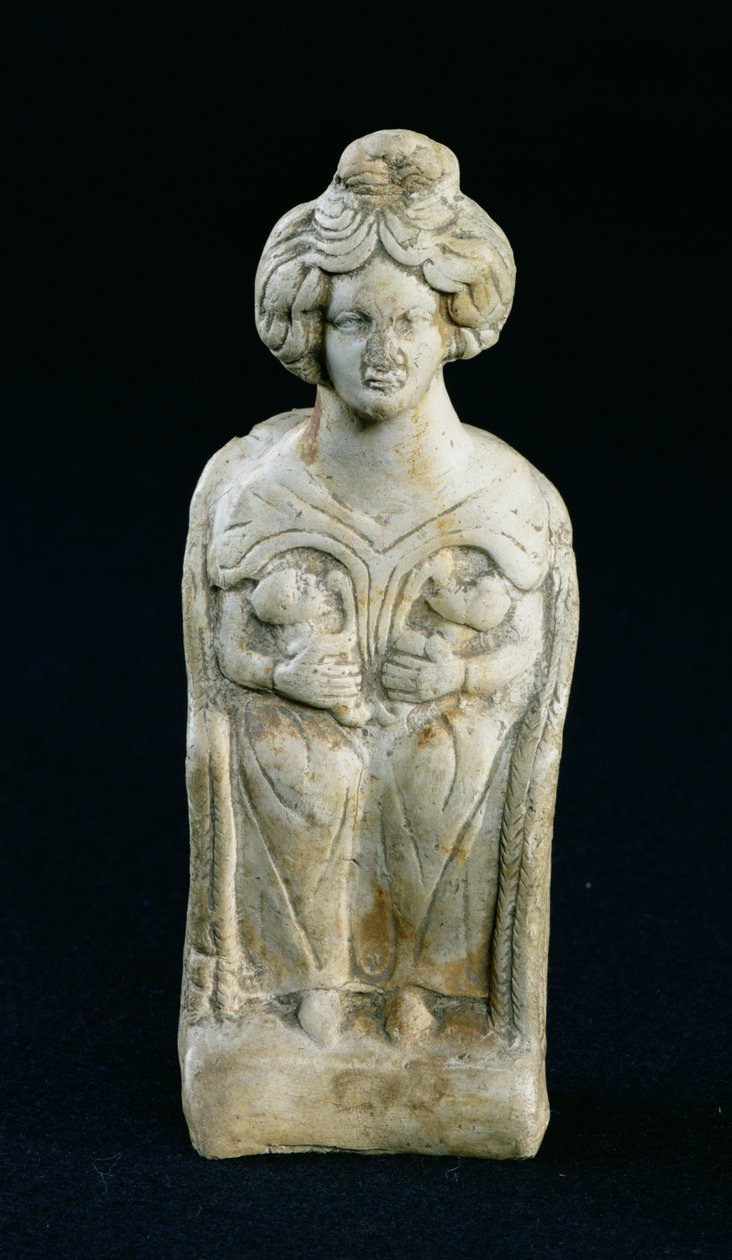 Estatueta de uma deusa mãe amamentando duas crianças (terracota branca) de Gallo Roman
