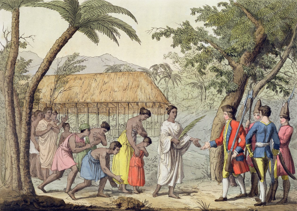 Capitão Samuel Wallis (1728-1830) sendo recebido pela Rainha Oberea na Ilha do Taiti de Gallo Gallina