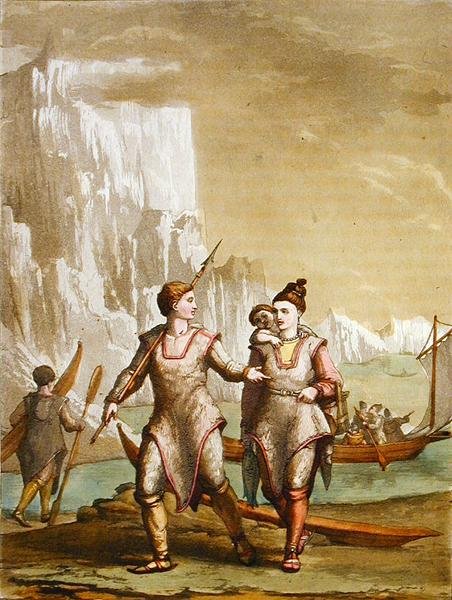 Gronelândia homens e mulheres que regressam da pesca (gravura a cores) de Gallo Gallina
