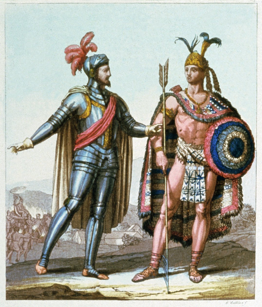 Encontro de Hernan Cortes com Montezuma II em 1519 de Gallo Gallina