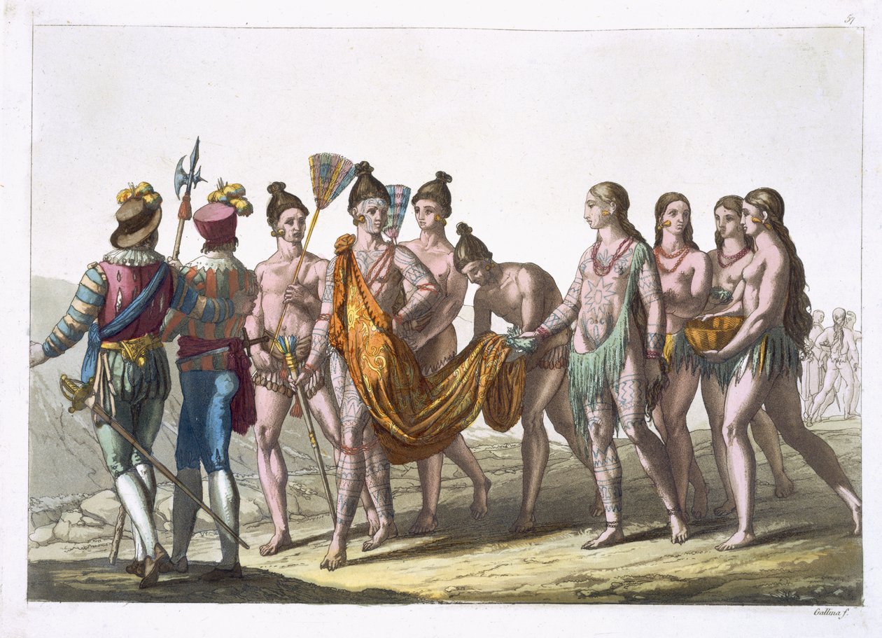 Viúvas americanas nativas se aproximam de seu chefe de permissão para se casar novamente, placa 57 de &39;Le Costume Ancien et Moderne&39; por Jules Ferrario, publicado c.1820s-30s de Gallo Gallina