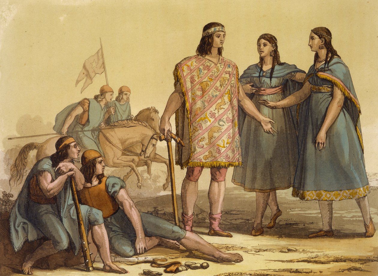 Nativos da tribo Araucani, Argentina, de Le Costume Ancien et Moderne, Volume II, placa 37, de Jules Ferrario, publicado em c.1820s-30s de Gallo Gallina