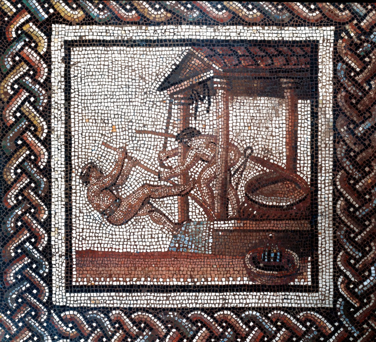 Uma prensa de óleo. (mosaico, fim 2, início do século 3) de Gallo Roman