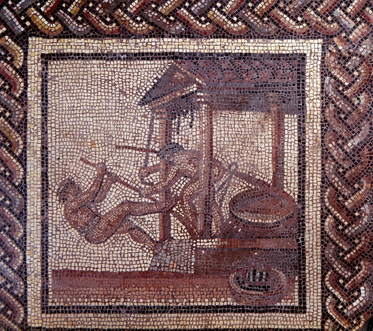 Gallo Roman Art: pavimentação em mosaico representando um calendário rústico. Uma prensa de azeite. Fim do século II, início do século III depois de JC. De Saint-Romain-en-Gal (Rhone). Saint Germain en Laye, Museu Nacional de Arqueologia. de Gallo Roman