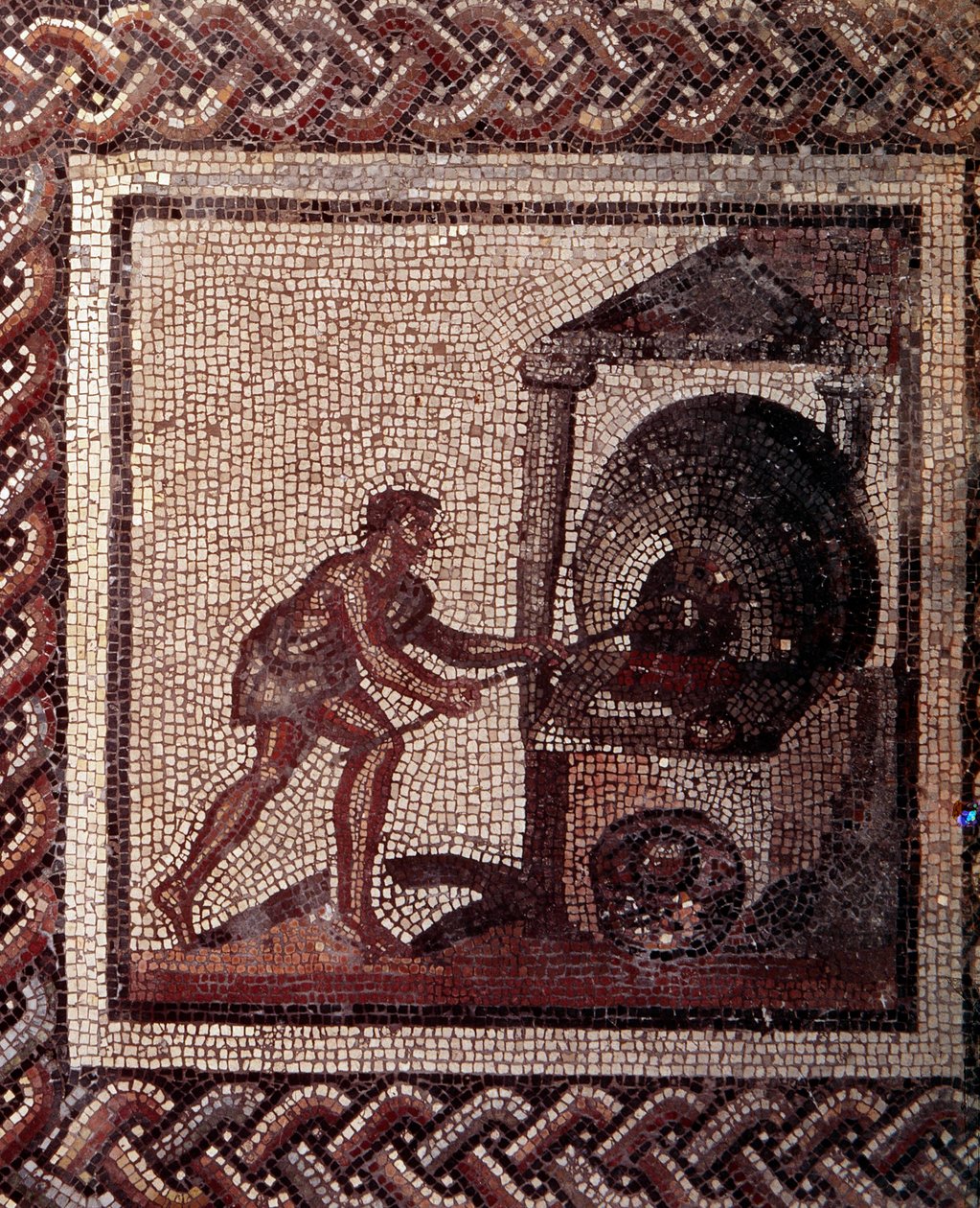 Gallo Roman Art: pavimentação em mosaico representando um calendário rústico. Cena de fabrico de pão. Fim do século II, início do século III depois de JC. De Saint-Romain-en-Gal (Rhone). Saint Germain en Laye, Museu Nacional de Arqueologia. de Gallo Roman