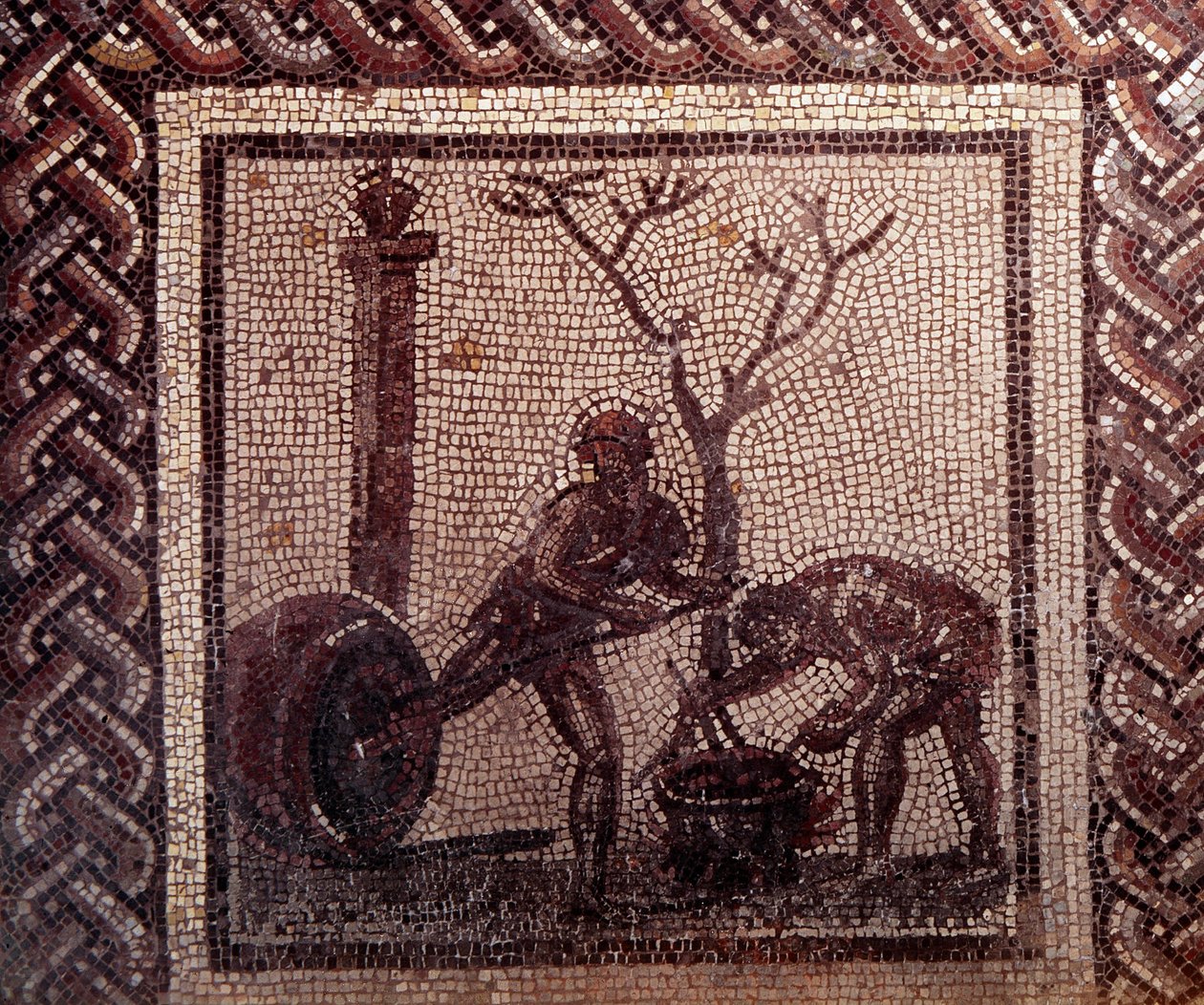 Gallo Roman Art: pavimentação em mosaico representando um calendário rústico. Cena envenenadora de frascos. Fim do século II, início do século III depois de JC. De Saint-Romain-en-Gal (Rhone). Saint Germain en Laye, Museu Nacional de Arqueologia. de Gallo Roman