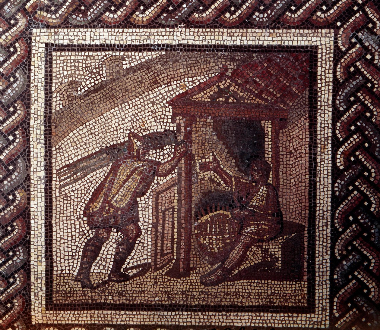 Gallo Roman Art: pavimentação em mosaico representando um calendário rústico. Trabalhos em vime e cestos de trança. Fim do século II, início do século III depois de JC. De Saint-Romain-en-Gal (Rhone). Saint Germain en Laye, Museu Nacional de Arqueologia. de Gallo Roman