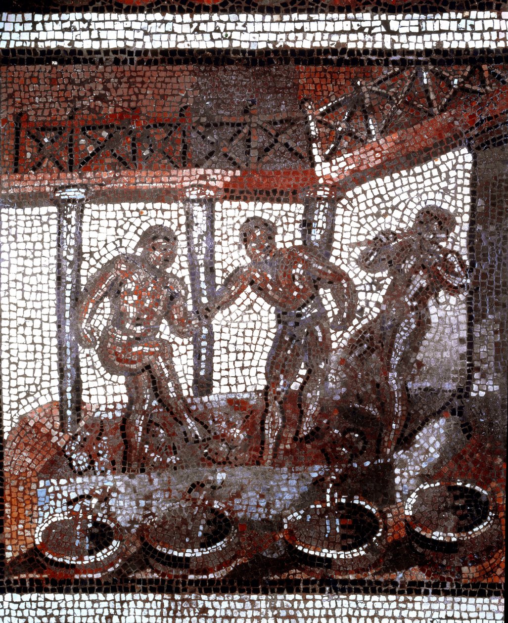Cena de pisar uvas em uma cuba. (mosaico, fim 2, início do século 3) de Gallo Roman
